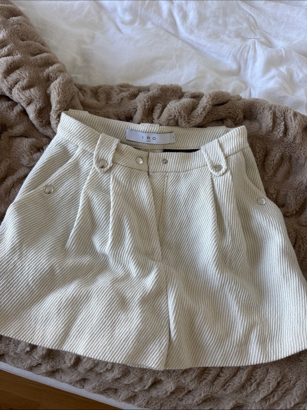IRO Cream Pleated High-Rise Shorts with Button Details